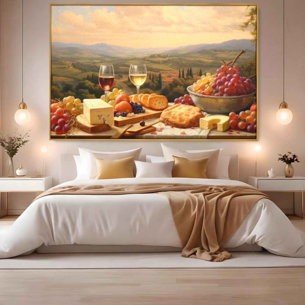 Tablou canvas cu tablou canvas cu peisaj tomnatic si masa imbelsugata, in rama de aluminiu auriu, pe perete intr-un dormitor
